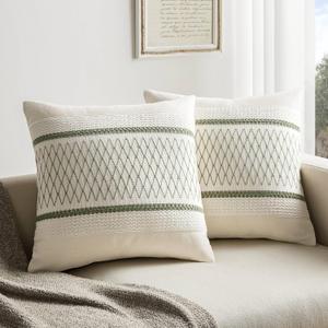 ZeeMart 2 Packs Cotton Boho Throw Pillow Covers 20x20 Inch Grid Green, Soft Farmhouse Decorative Couch Pillow Cases Sage Green Cushion Covers for Sofa Bed Living Room Home Decor