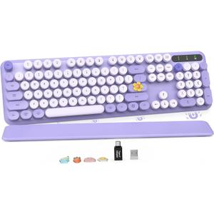 Wireless Keyboard, Round Keycaps, Retro Typewriter Keyboard with Detachable Wrist Rest, Sleep Mode, Foldable Legs, 2.4GHz Full-Size Cordless Computer Keyboard for Windows/PC/Laptop (Colorful-Purple)