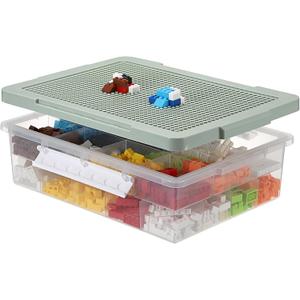 OGANAZI Plastic Organizer Bins for Blocks, Blocks Storage Container with Baseplate Lid Removable Tray, Stackable Double Layer 30 Slots Clear Storage Box Organizer for Bricks, Crafts, Beads(Green)