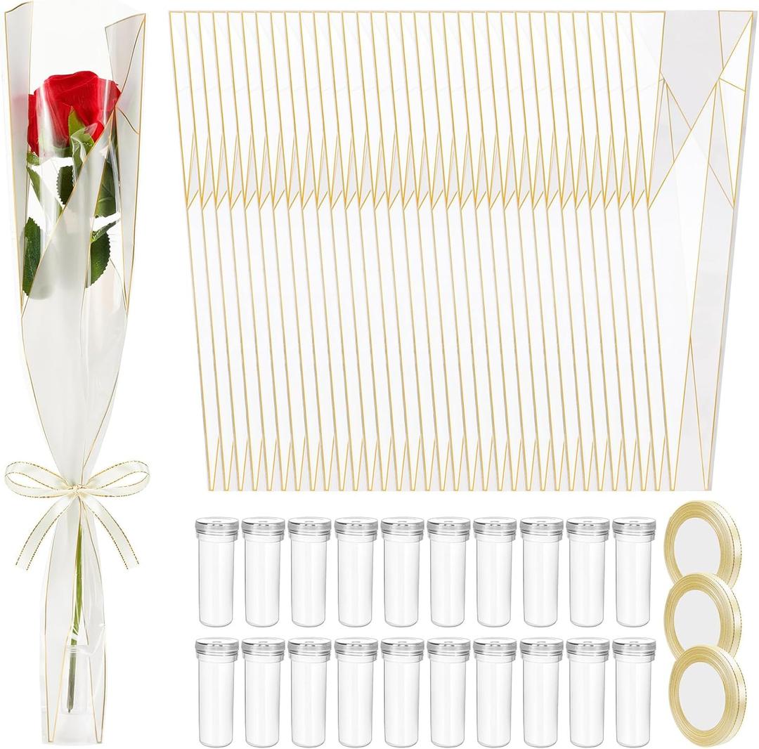 Gilprop 100 Set Single Rose Sleeve with Flower Water Tubes for Bouquets 100 Single Wrapping Bags and Floral Water Tubes with 3 Ribbons Flower Packaging Bags for Mother's Day Graduation Party