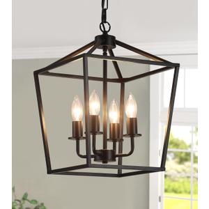 AMZASA UL Listed Black Industrial 4 Light Lantern Chandelier Ceiling Light Fixtures Farmhouse Metal Cage Rustic Geometric Pendant Light for Kitchen Island Entryway Dining Room Stairs and Hallway