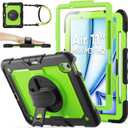 SEYMAC stock Case for iPad Air 11-inch M4-M2 2026-2024 (Gen 8-6), Shockproof Heavy Duty Case with Screen Protector, Pencil Holder, Rotating Stand, Hand Strap, Shoulder Strap, Green