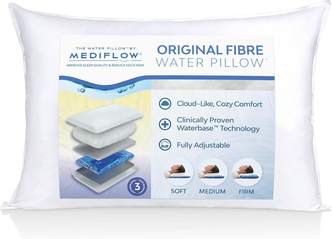 Fiber: The First & Original Water Pillow, clinically Proven to Reduce Neck Pain & Improve Sleep. Therapeutic, Ideal for People Looking for Proper Neck Support (Single Pack)