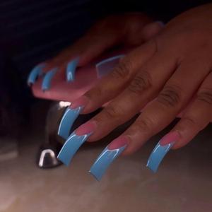 Curved Nail Tips Long Blue French Tip Press on Nails Square Fake Nails False Nails with Curved Shape Designs French Manicure Glue on Nails for Women Girls 24Pcs