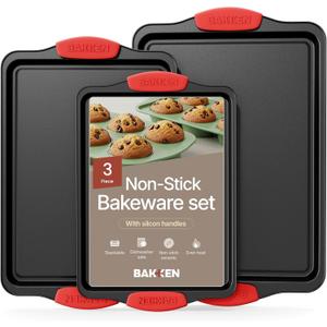 Baking Pan Set  3 Piece Cookie Sheet  Deluxe Black Non-Stick Carbon Steel  Silicone Handles  Commercial Grade Restaurant Quality  PFOA PFOS and PTFE Free by Bakken