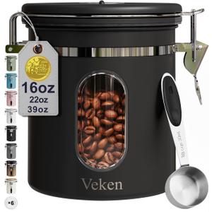 Veken Coffee Canister with Window, Family Choice Awards Winner, Airtight Stainless Steel Home Kitchen Food Storage Container with Lids for Grounds, Beans, Tea, Flour,Cereal,Sugar Jars,Scoop,16OZ,Black