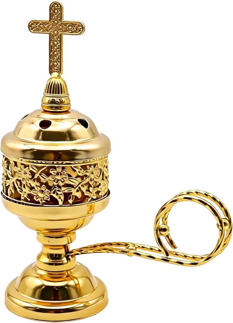 Solid Brass Color Incense Burner with Cross Lid - 6 Inch Charcoal Censer for Catholic Church, Home Altar - Thurible for Frankincense, Resin, Bakhoor