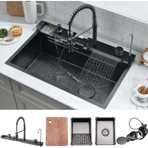 30 Inch Black Waterfall Kitchen Sink with Pull-Out Faucet Combo- Wesliv 30x18 Waterfall Sink Black Digital Display Smart Honeycomb Kitchen Sinks Deep Single Bowl with Accessories, 30"x18"x9"