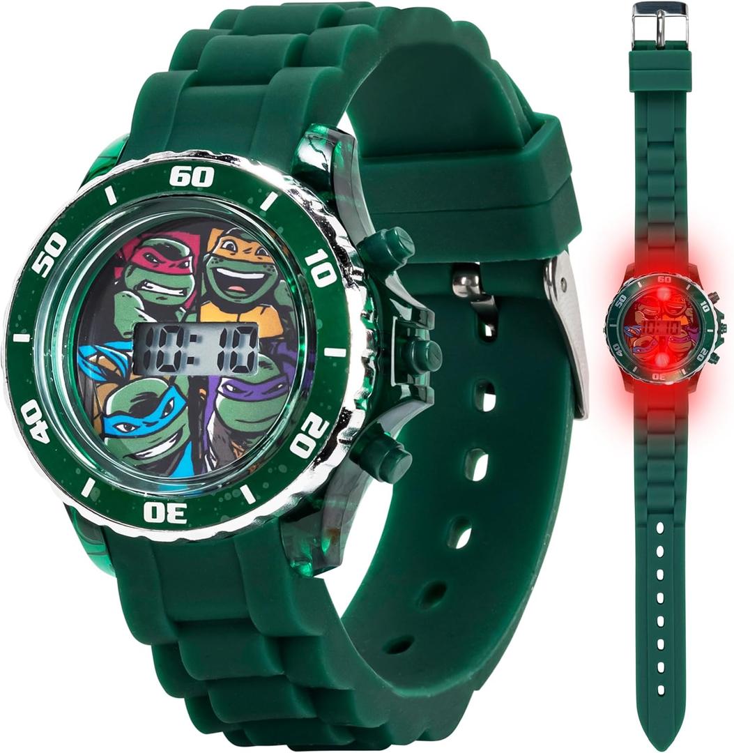Nickelodeon Teenage Mutant Ninja Turtles Kids' LCD Watch – Flashing Light-Up Display, Bumpy Rubber Strap, Green Bezel, Digital Time Display, Adjustable Fit – Fits Wrists 5.5" to 8"