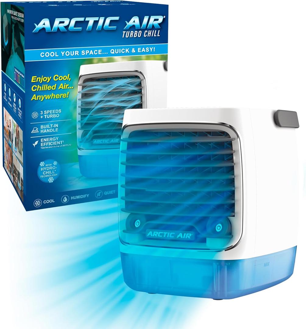 Ontel Arctic Air Turbo Chill Evaporative Cooler with HydroChill Technology, 4-Speed Portable Air Cooler Fan, Up To 8 Hr Per Fill, 7-Color LED, Simple & Whisper Quiet Operation, for Home or Office Use