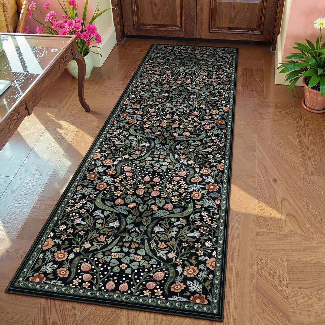 Moynesa Floral Runner Rug for Hallway 2'8" x 8', Washable Kitchen Runner 8ft Non Slip Boho Soft Bathroom Throw Rug, Botanical Ultra Thin Carpet Runners for Entryway Laundry, Black