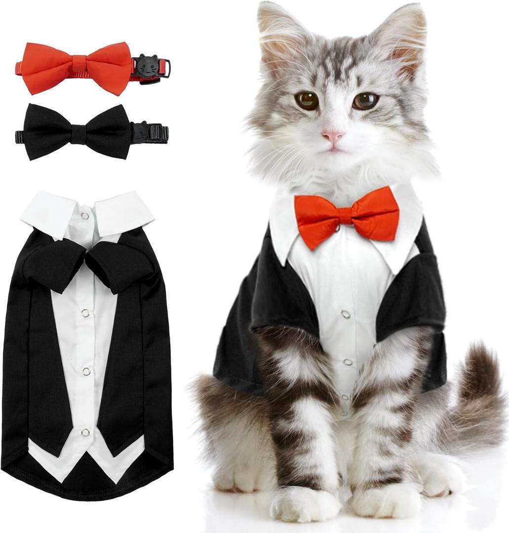 DENTRUN Tuxedo Suit with Two Bow Tie, Stylish Cat Shirt Formal Outfit, Hairless Cat Fashion Apparel Fancy Clothes, Kitten Formal Attire Wedding Onesie Costume (Small, Black)