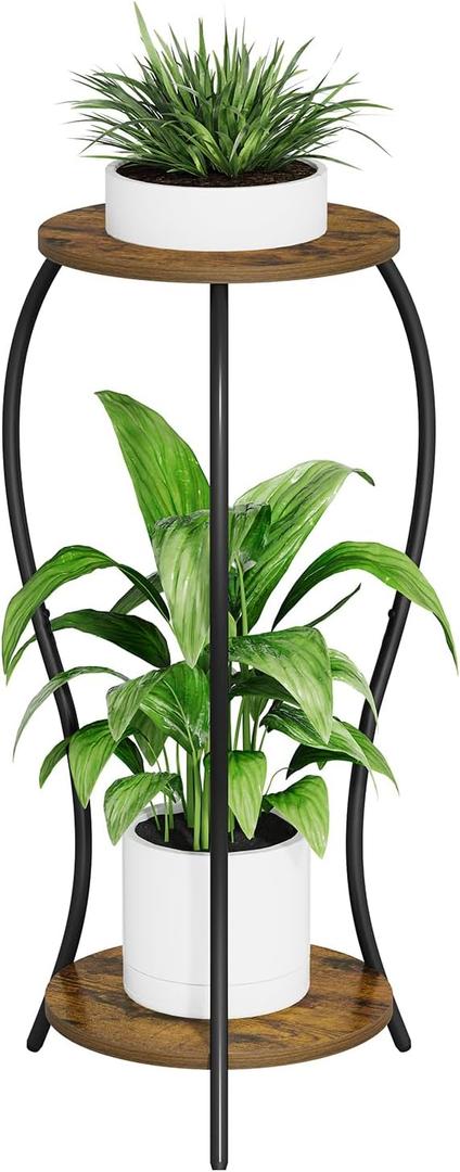 Plant Stand Indoor, 2 Tier Round Tall Plant Stand, Flower Pot Stand, Plant Shelf Rack, Corner Plant Stand for Planter Garden Balcony Patio Living Room, Retro (Brown-Wood)