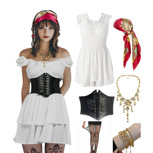 Pirate Costume Women Sexy Womens Pirate Romper Dress Outfit with Bandana Corset Accessories 6PCS, S Size