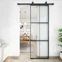 JUBEST 28in x 84in Glass Sliding Barn Door with 5ft Hardware kit, 3-Panel Black Aluminum Frame and Clear Tempered Glass Modern French Door, Easy to Install
