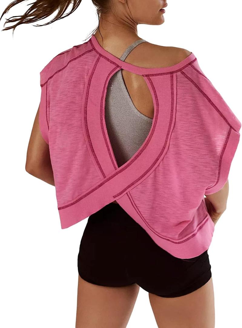 Womens Oversized Tshirts Workout Batwing Sleeve Gym Shirts Boat Neck Slouchy Tees Open Back Athletic Top Rose Red S