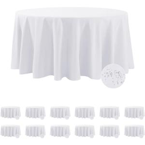 Fokitut 12 Pack Waterproof Round Tablecloth, 132 Inch, Stain Resistant and Wrinkle Polyester Table Cloth, Fabric Table Cover for Kitchen Dining, Wedding, Party, Holiday Dinner-White