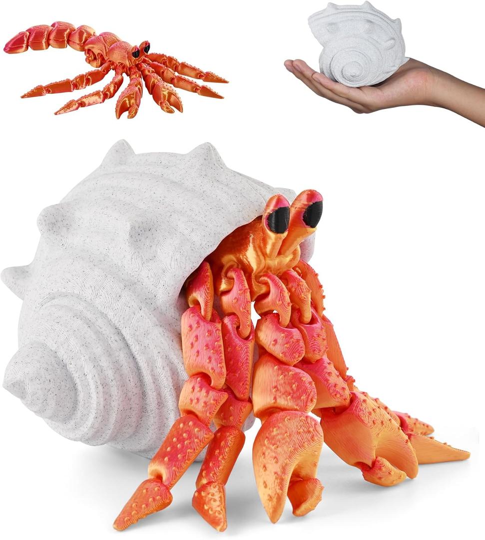 GemmiCho 3D Printed Animals, 7.8" 3D Printed Hermit Crab with Shell, 3D Printed Toys for Stress Relief, Animals Figurines Fidget Crab Toy for Boys Kids Teen 5-7 4-6 8-12 (Red)