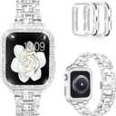 Mosonio Compatible with Apple Watch Band 38mm 40mm 41mm 42mm 44mm 45mm 46mm 49mm with 2 Pack Case Women, Jewelry Replacement Metal Bands Strap with Bling PC Protective Case for iWatch Ultra SE Series 11/10/9/8/7/6/5/4/3/2/1 (Sizes Vary By Mode)