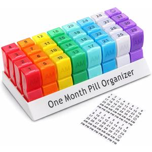 CAidRE Monthly Pill Organizer 2 Times a Day, 30 Day Pill Box AM PM for Small Pill, 31 Day Vitamin & Medication Organizer with Removable Daily Compartments, DIY Number Labels, Portable Travel Pill Case (Translucent Multi-colored)