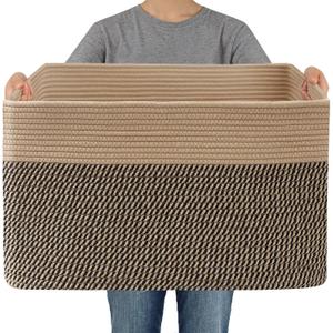 JMvicyroam Woven Blanket Basket,65L Large Storage Bin for Blankets Toys Clothes,Decorative Rope Basket for Living Room Bedroom with Handles, Jute&Black