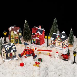 Weysat 19 Pcs Christmas Village Houses Sets Christmas Village Miniature Display Xmas Scene Figurines Trees Snowman Decor Desktop Table Decor Winter Town Scene