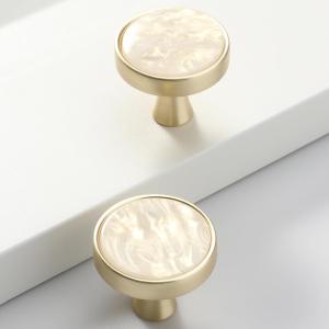 2 Pack Round Gold Knobs, 1.2" Brushed Gold Cabinet Knobs, Yellow Pearl Gold Drawer Knobs, 1 Hole Hardware Handles Decorative Furniture Knobs for Dresser Wardrobes
