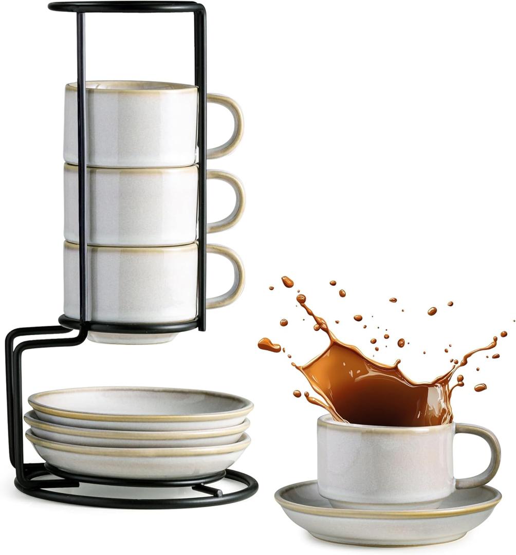 Gomakren 2.5 Ounce Espresso Cups Set of 4, Small Stackable Coffee Cups with Saucers and Metal Stand, Valentine Porcelain Demitasse Cups for Specialty Coffee Drinks, Espresso, Cappuccino, Latte, White