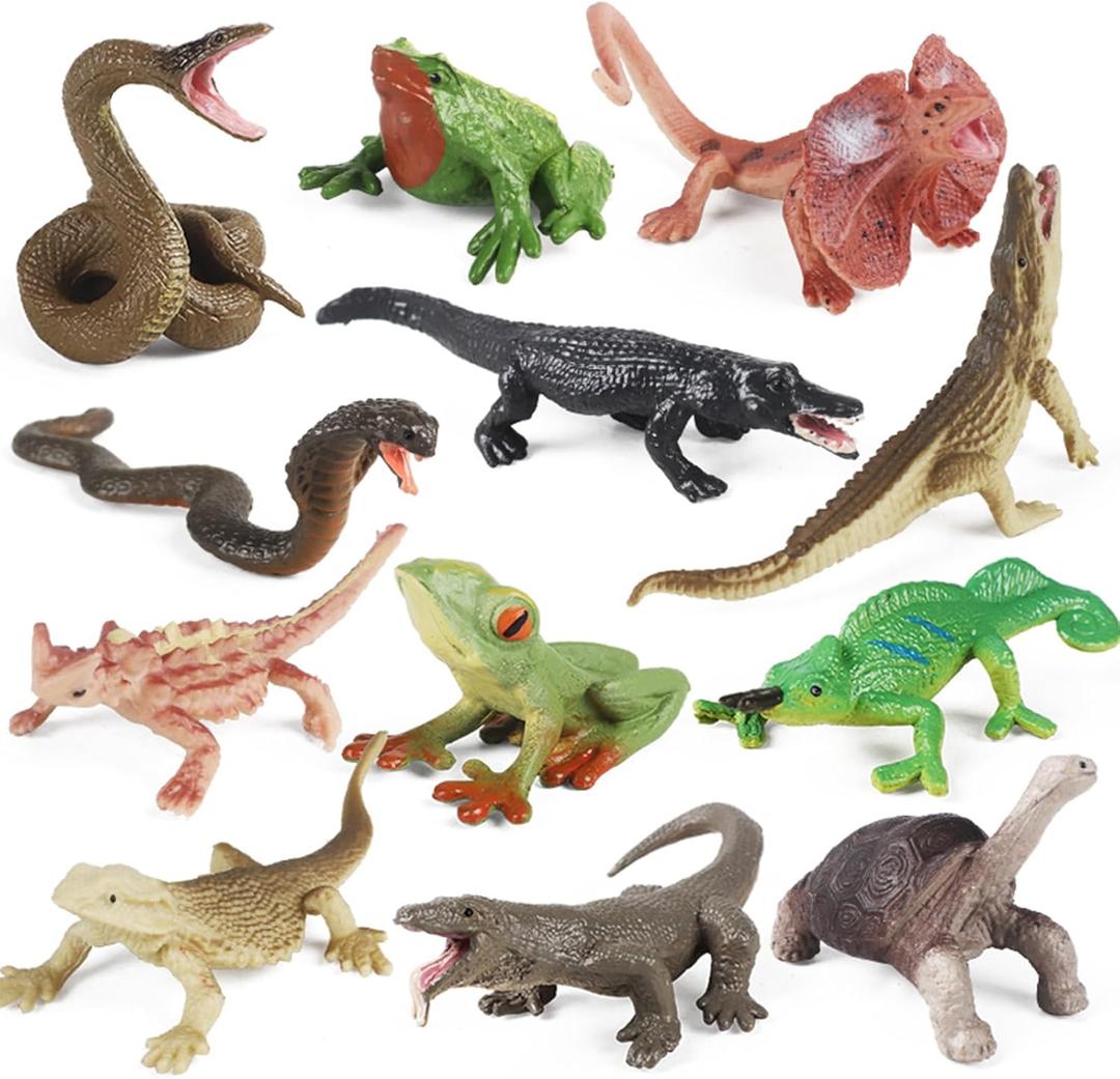 EOIVSH 12PCS Realistic Reptile Animal Figurine Set, Cold Blooded Amphibians Wild Animal Figures Toy with Lizard Komodo Dragon Snake Alligator for Kids and Toddlers 3+