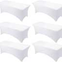 6-Pack Premium White Spandex Tablecloths for 8ft Rectangle Tables, Stain & Wrinkle-Resistant, Washable Stretch Polyester Fitted Table Cover for Weddings, Banquets, Trade Shows Events