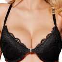 Push Up Lace Front Closure Bra for Women Padded Underwire Plunge Demi Racerback Bralette (36C, Black)