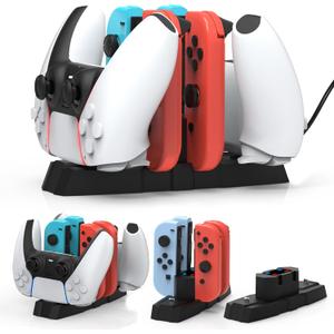 iPLYGAM Controller Charger Dock for Nintendo Switch Pro Controller/JoyCon, Controllers Charging Dock with LED Indicator and Charger Cable for PS5 Controllers, 6 in 1 Gamepad Charging Stand