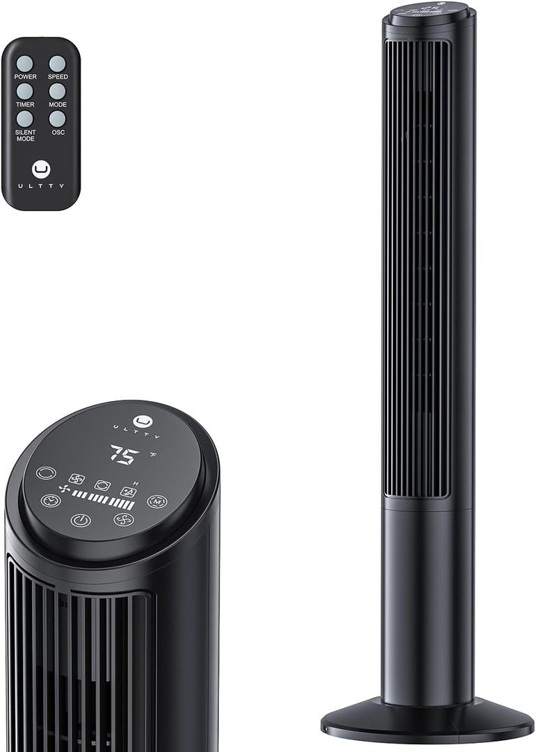 U ULTTY Tower Fan for Bedroom, Standing Fan that Blows Cold Air for Home, 28dB Quiet for Sleep, Remote, 80 Oscillation, 15H Timer, 25ft/s Velocity, 3 Speeds, 4 Modes, Bladeless 40 inch, Black
