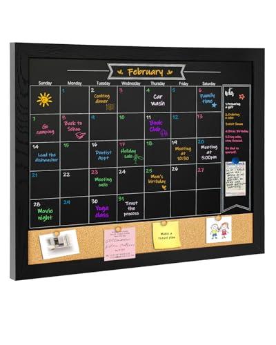 TORASO Magnetic Chalkboard Calendar Corkboard, Small Combination Chalk Board Bulletin Board, 13" x 17",Black Wood Framed Blackboard Calendar Cork Combo Board(ZHHB-BK-3343)