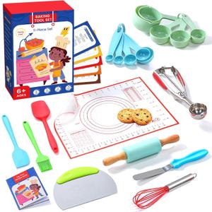Vinino 11-Piece Kids Baking&Cooking Set  Real Baking Utensils with Cookbooks for Children, Toddler Safe Montessori Kitchen Accessories-Gift for Young Chefs Girls Boys Ages 6+