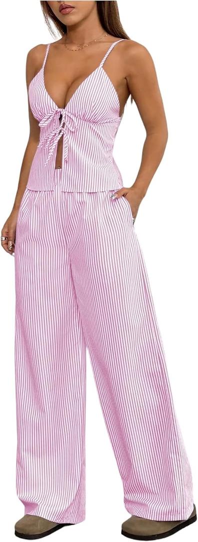 Floerns Women's 2 Piece Outfit Striped Tie Front Camisole Tops and Long Pants Set (Pink, S)