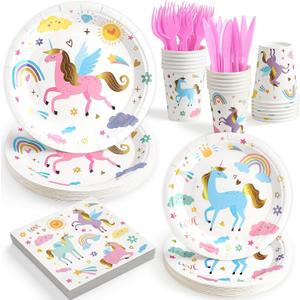 144Pcs Unicorn Birthday Party Supplies Decorations Kids Girl Themed Paper Plates Napkins Vintage Party Tableware Disposable Dinnerware for Girl Kid Birthday Baby Shower Table Decor, Serve 24