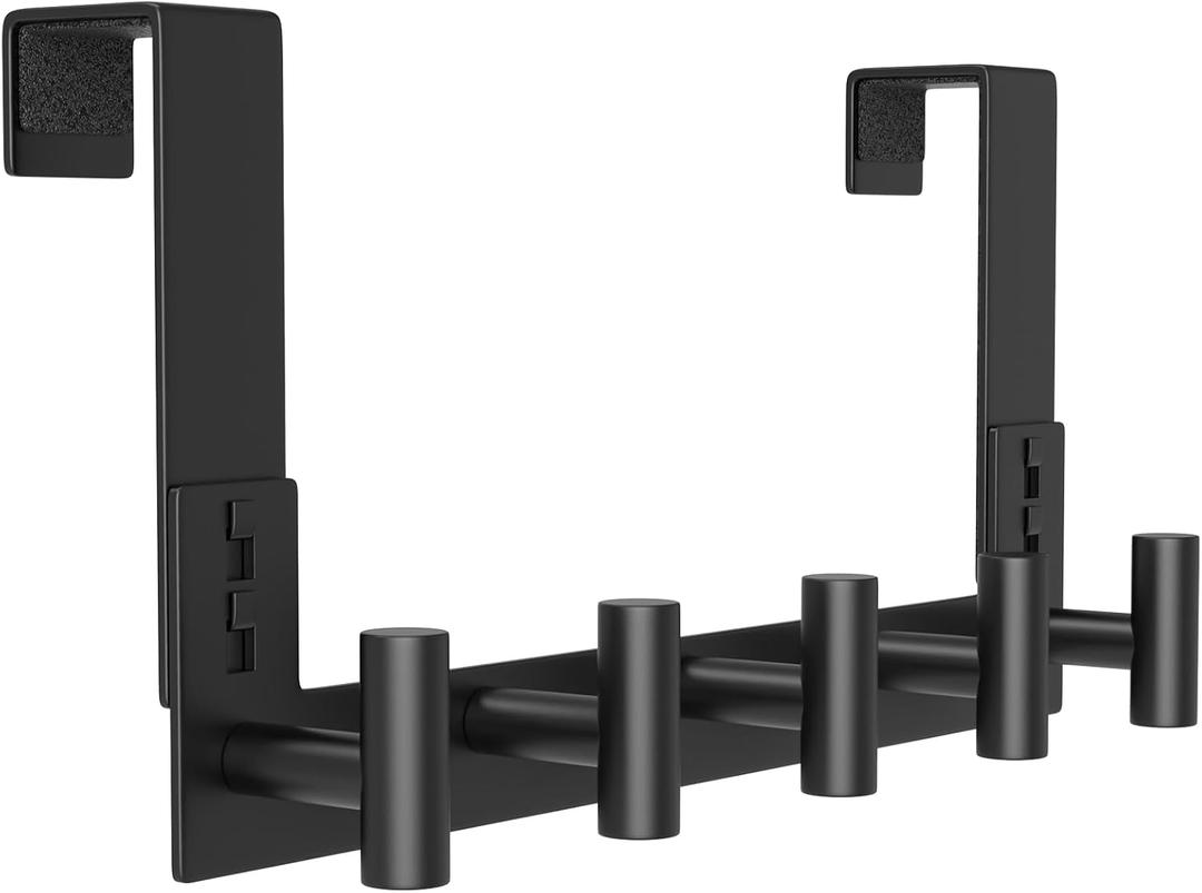 PMMASTO Over The Door Hooks, Door Hanger Hook for Hanging, Coat Rack Organizer for Bathroom, Towel Holder Bathroom Accessories (Black 5 T-Hooks-Fits 1-3/ 4" Thick Door)
