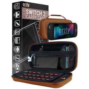 Orzly Case Compatible with Nintendo Switch 2  Protective Travel Carry Case with Screen Padding, Game Card & microSD Slots, Zipped & Open Pockets for Accessories  7.9" Gift Boxed (Brown)
