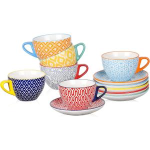 Selamica Ceramic 8 oz Cappuccino Cup Set with Saucers, Espresso Coffee Cups, Latte Macchiato for Party Cafe Home, Set of 6, Assorted Colors