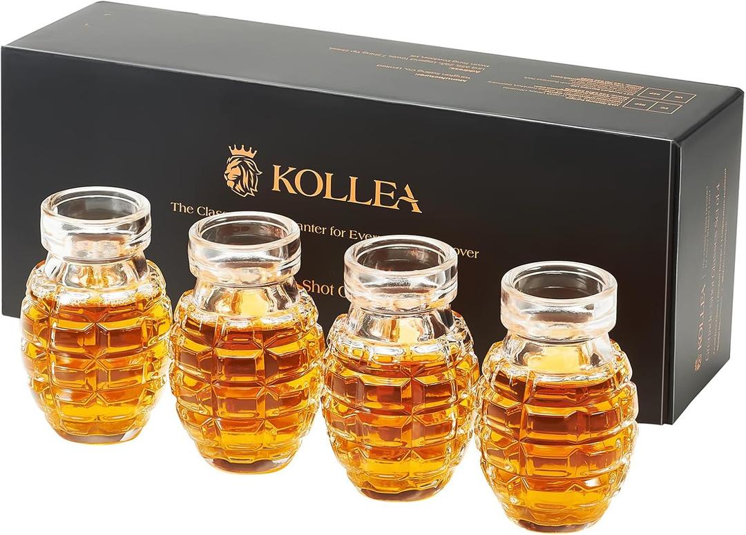 Kollea Grenade Shaped Shot Glass Set, Funny Shot Cups with Heavy Base for Whiskey, Tequila, Vodka, Liquor, 21st Birthday Gifts for Men Dad, Military Men Cave Decor, 3.7 Oz Bartender, 4 Pcs, Christmas (Large)