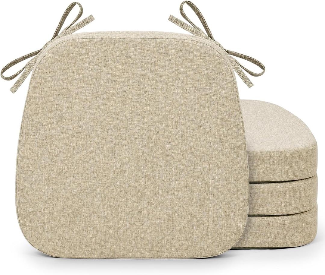 Shinnwa Kitchen Chair Cushions Set of 4, Non-Slip Dining Chair Cushions with Detachable Straps and Machine Washable Cover, 3 Pack, 17x16x2in, Beige