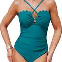 Womens One Piece Swimsuits Tummy Control Slimming Scalloped Bathing Suit Sexy Cut Out Criss Cross Ruched Swimwear (Blue, XL)