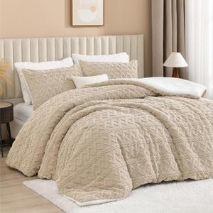 Andency Fluffy Sherpa Queen Comforter Set, Super Soft Beige Fleece Warm Bedding for Winter, Luxury Jacquard Boho Thick Fuzzy Plush Bed Set 3 Pieces(1 Shaggy Comforter, 2 Pillowcases)