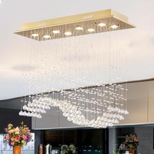 Siljoy Rectangular Gold Crystal Chandelier for Dining Room, 8-Light Modern K9 Crystal Wave Raindrop Chandelier for Living Room Bedroom Kitchen Island L31.5'' x W11.8'' x H32.2''