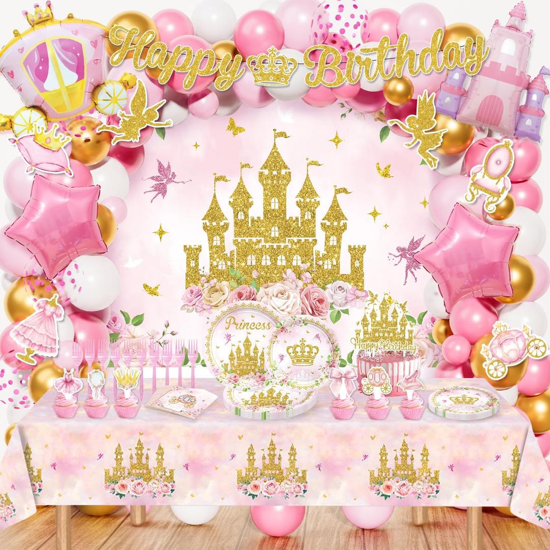 Princess Birthday Party Decorations, Princess Party Decor with Balloon Arch Kit, Banner, Backdrop, Wall Signs, Tablecloth, Plates, Napkins, Forks, Cake Topper, Cupcake Toppers