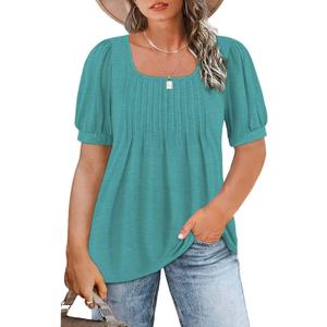 ROSRISS Womens Plus-Size Tops Summer Puff Short Sleeve Scoop Neck Pleated Flowy Shirts (3X-Large, A_02_blue)