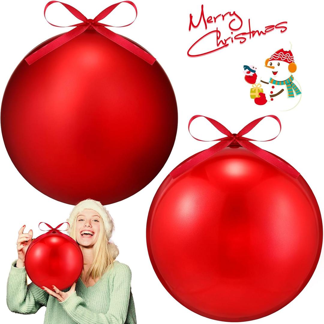 Zubebe 2 Pcs 8" Giant Fillable Christmas Ornaments with Ribbons Oversized Plastic Xmas Balls for Outdoor Lawn Yard Decor, Tree Hanging, Holiday Gifts(Matte Red, Shiny Red)