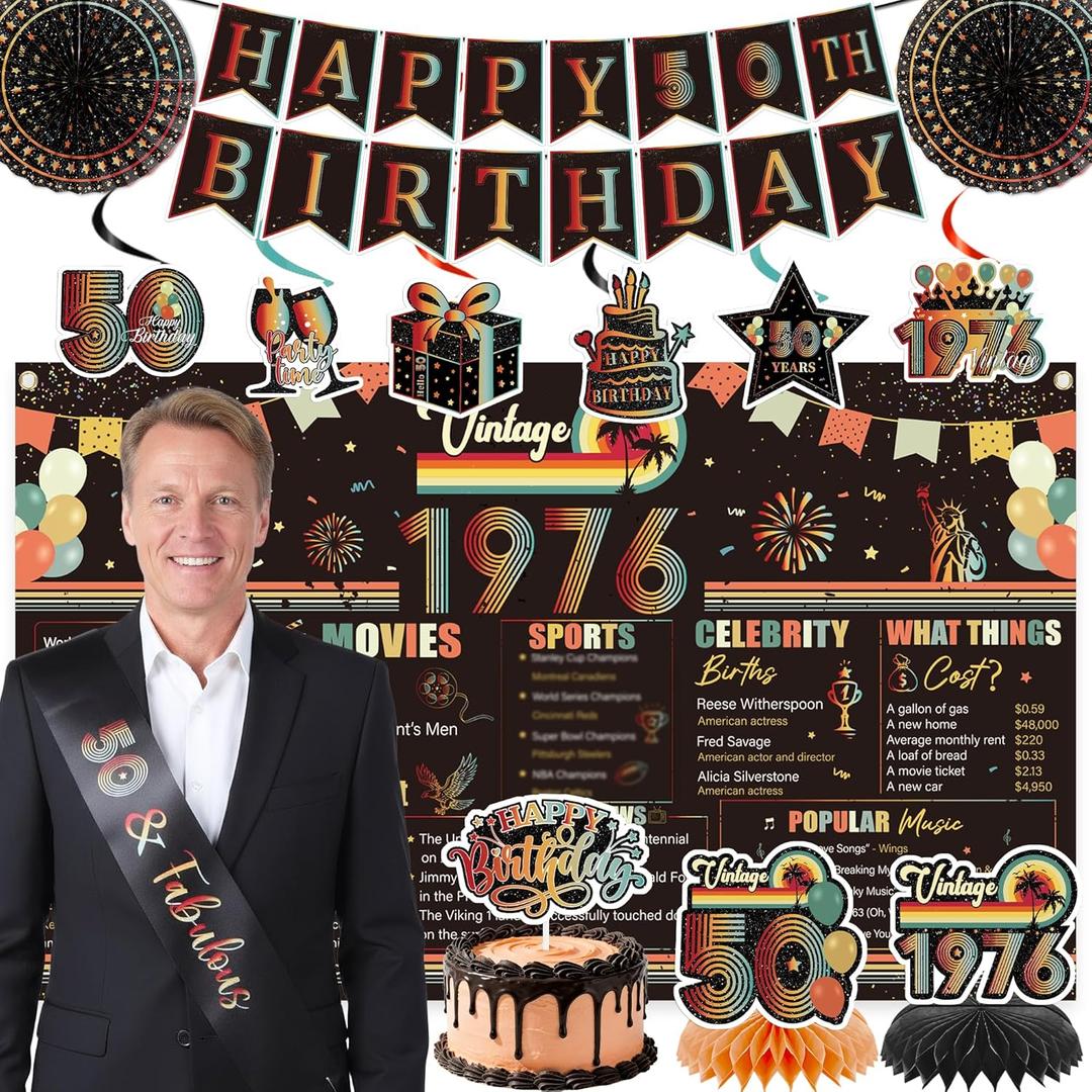 Vintage 50th Birthday Decorations - 14 Pcs Back in 1976 Retro Sunset Party Banner Centerpieces Cake Topper Sash Hanging Swirls Paper Fans Set Cheers Happy Bday Decor Supplies for Men Women
