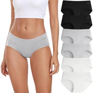 coskefy Womens Underwear Cotton Hipster Panties Low Rise Breathable Ladies Bikini Undies 6 Packs (Medium, 2black-2white-2gray)